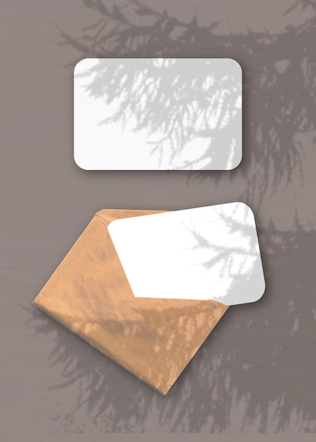 Photo an envelope with two sheets of textured white paper on the brown background mockup overlay with the plant shadows