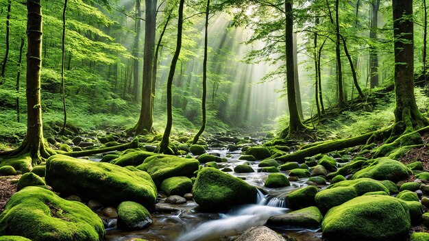 Photo enveloped in serenity explore the enchanting depths of the forest image let natures embrace