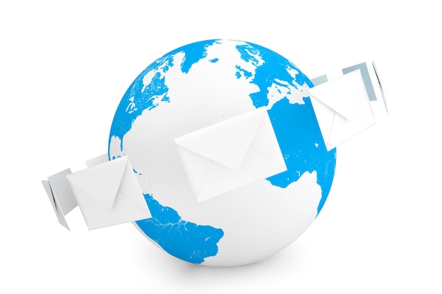Envelopes around the globe on a white background