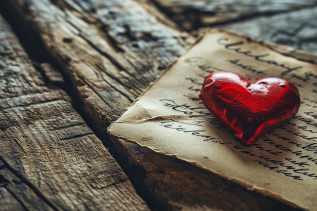 Foto enveloppe en rood hart op een vintage houten tafel voor een liefdesbericht op valentijnsdag