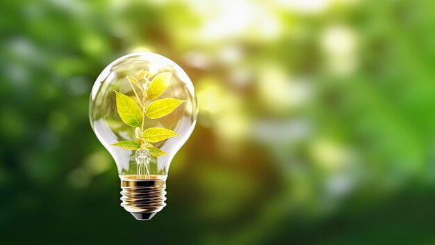 Environment card with light bulb with green leaves on green plants background with copy space
