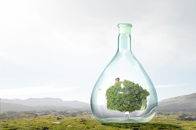 Environment concept with house inside floating glass bottle. Mixed media