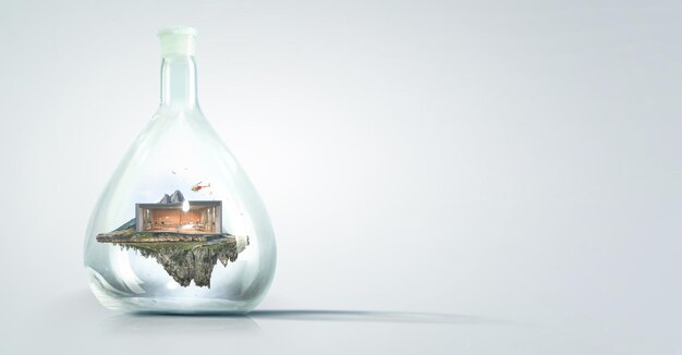 Environment concept with house inside glass bottle. Mixed media