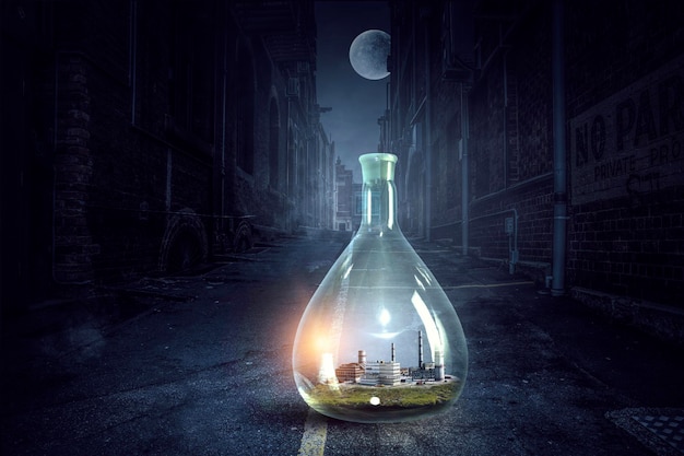 Photo environment concept with plant inside glass bottle. mixed media