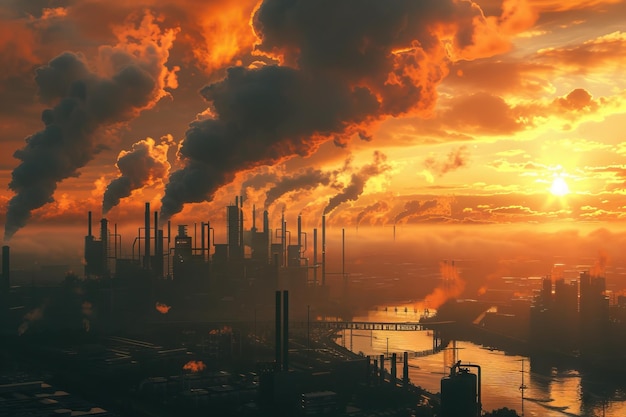 연기와 산업 오염에 의해 손상된 환경 생태학 개념
