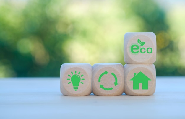 environment Earth concept Net zero greenhouse gas emissions target Climate neutral long term strategy wooden cubes with decarbonization icon and green icon Green banner