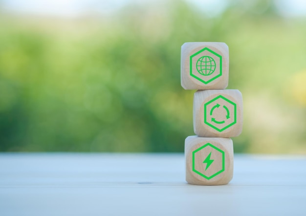 environment Earth concept Net zero greenhouse gas emissions target Climate neutral long term strategy wooden cubes with decarbonization icon and green icon Green banner