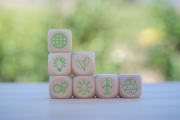 environment Earth concept Net zero greenhouse gas emissions target Climate neutral long term strategy wooden cubes with decarbonization icon and green icon Green banner