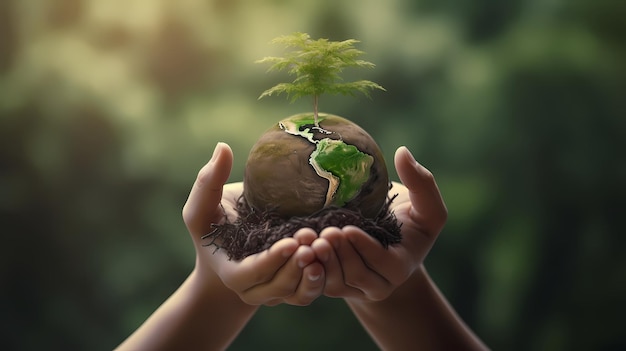 Photo environment earth day in the hands holding green earth on bokeh green background saving environment and environmentally sustainable save earth concept of the environment world earth day