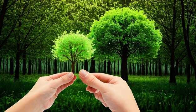 Foto ambiente giornata della terra nelle mani di alberi che coltivano piantine bokeh sfondo verde mano femminile ho