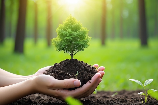 Environment Earth Day In the hands of trees growing seedlings Bokeh green Background Female hand holding tree on nature field gra