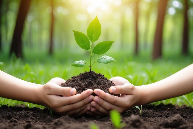 Photo environment earth day in the hands of trees growing seedlings bokeh green background female hand holding tree on nature field grass forest conservation concept