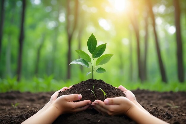 Photo environment earth day in the hands of trees growing seedlings bokeh green background female hand holding tree on nature field grass forest conservation concept