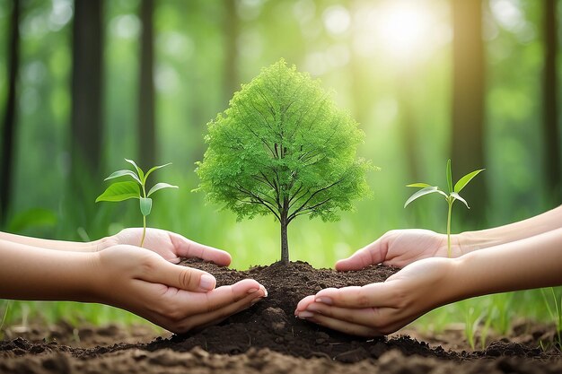 Photo environment earth day in the hands of trees growing seedlings bokeh green background female hand holding tree on nature field grass forest conservation concept