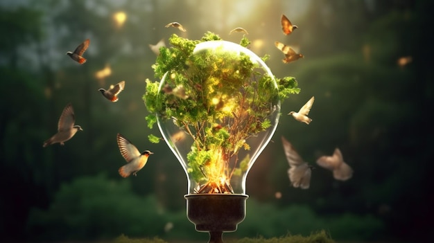 Environment friendly Light bulb with green tree Ai Generative