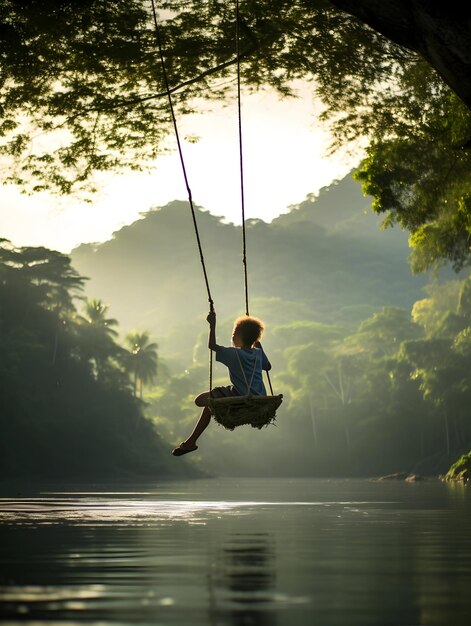 Photo environment photo of boy swinging over body water