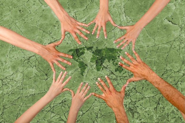 Foto concetto ambientale, lavoro di squadra, mani sulla natura, sfondo verde