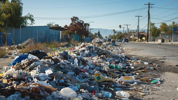 Photo environmental concerns littered roadside by homeless area