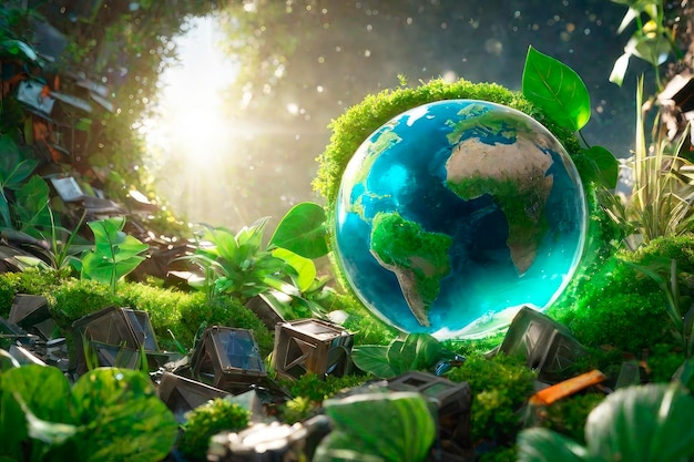 Environmental conservation concept glass globe green planet amidst various waste