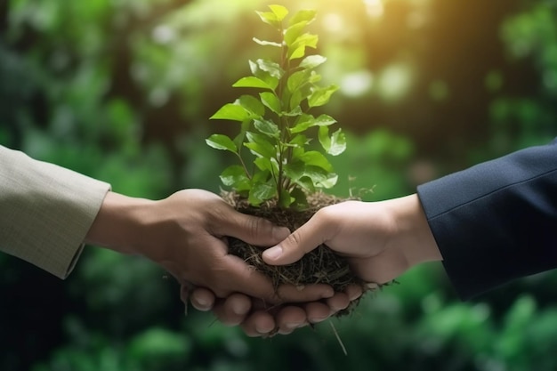 Environmental cooperation Green business eco company partners holding plants together