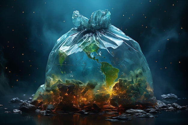 Photo environmental crisis earth held in plastic bag amidst landfill trash