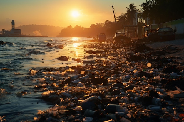 Environmental crisis garbagefilled beach promoting recycle and cleanup efforts