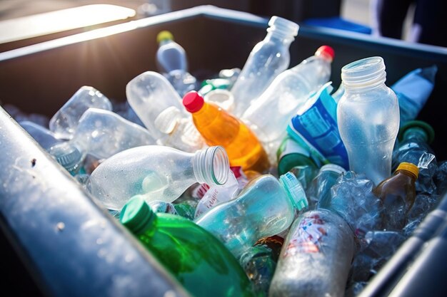 Crisi ambientale che riempie i bidoni della spazzatura di bottiglie di plastica