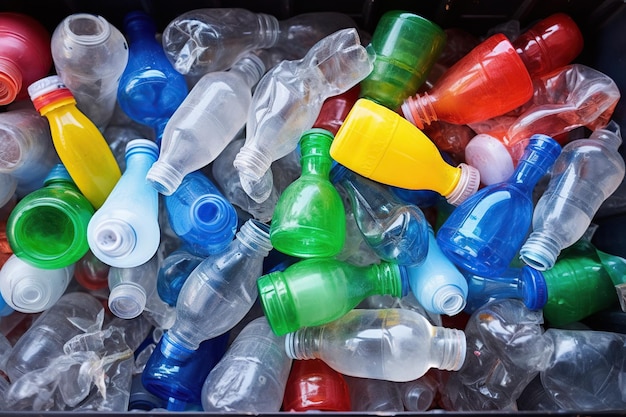 Foto crisi ambientale che riempie i bidoni della spazzatura di bottiglie di plastica