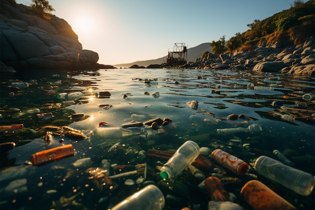 Environmental degradation ocean beset by plastic bottle pollution emphasizing ecological impact