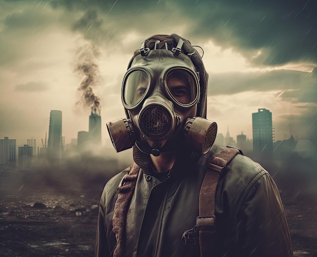 Photo environmental disaster post apocalyptic survivor in gas mask