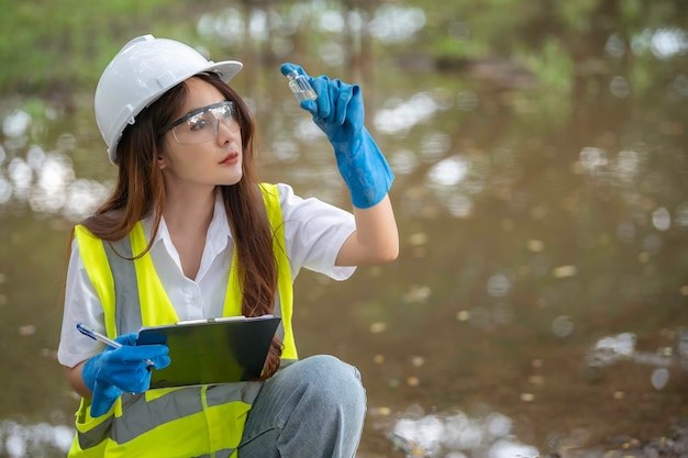 Foto ingegneri ambientali ispezionano la qualità dell'acqua