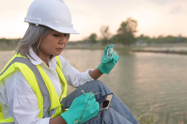 Environmental engineers inspect water qualityBring water to the lab for testingCheck the mineral content in water and soilCheck for contaminants in water sources