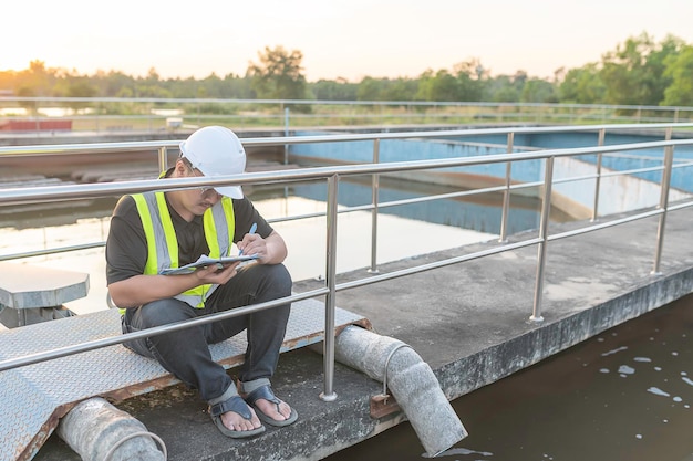 Environmental engineers work at wastewater treatment plants