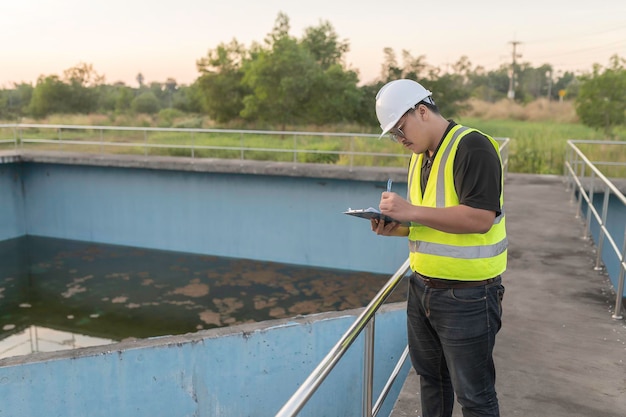 Foto gli ingegneri ambientali lavorano negli impianti di trattamento delle acque reflue