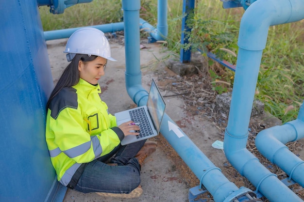 Environmental engineers work at wastewater treatment\
plantsfemale plumber technician working at water supply