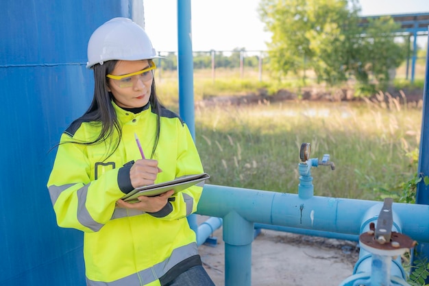 Environmental engineers work at wastewater treatment plantsFemale plumber technician working at water supply