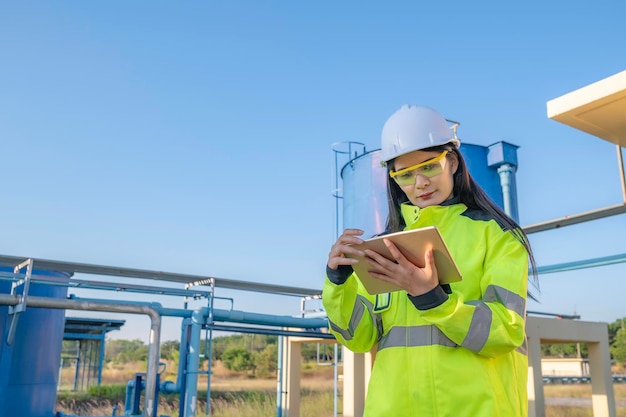 Environmental engineers work at wastewater treatment plantsFemale plumber technician working at water supply