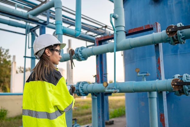 Environmental engineers work at wastewater treatment plantsFemale plumber technician working at water supply