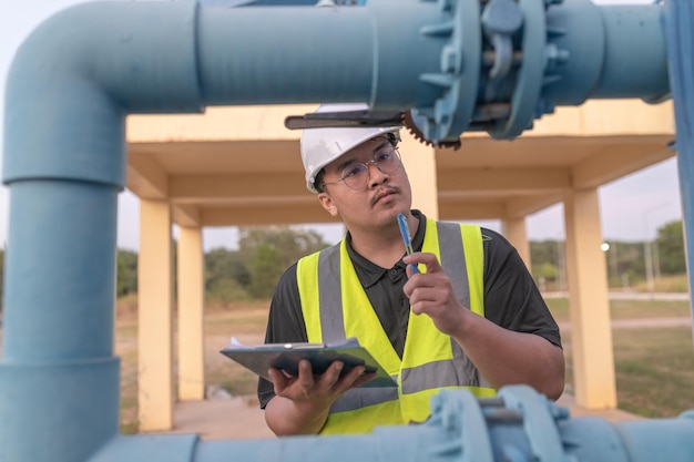 Environmental engineers work at wastewater treatment plantsMale plumber technician working at water supply