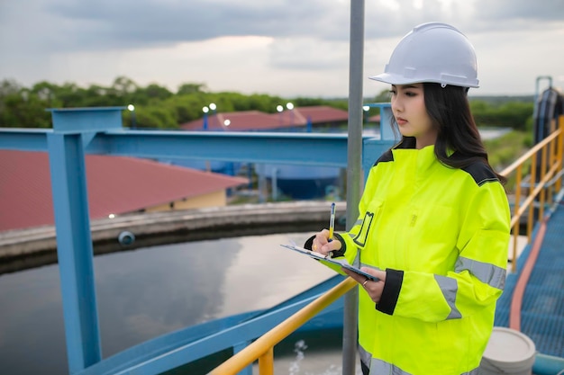 Environmental engineers work at wastewater treatment plantsWater supply engineering working at Water recycling plant for reuse