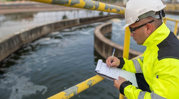 Foto ingegneri ambientali lavorano negli impianti di trattamento delle acque reflue ingegneria dell'approvvigionamento idrico lavorando nell'impianto di riciclaggio dell'acqua per il riutilizzo