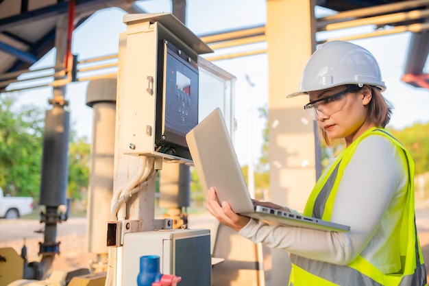 Environmental engineers work at wastewater treatment plantsWater supply engineering working at Water recycling plant for reuseCheck the amount of chlorine in the water to be within the criteria