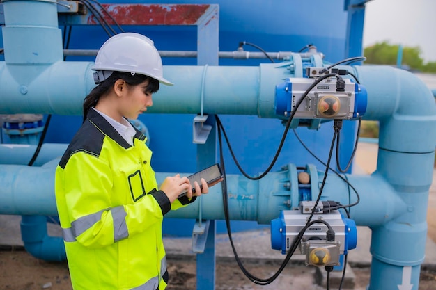 Environmental engineers work at wastewater treatment plantsWater supply engineering working at Water recycling plant for reuseCheck the amount of chlorine in the water to be within the criteria