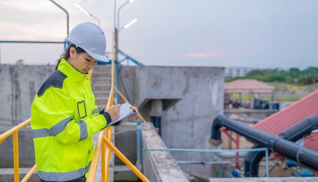 Environmental engineers work at wastewater treatment plantsWater supply engineering working at Water recycling plant for reuseCheck the amount of chlorine in the water to be within the criteria