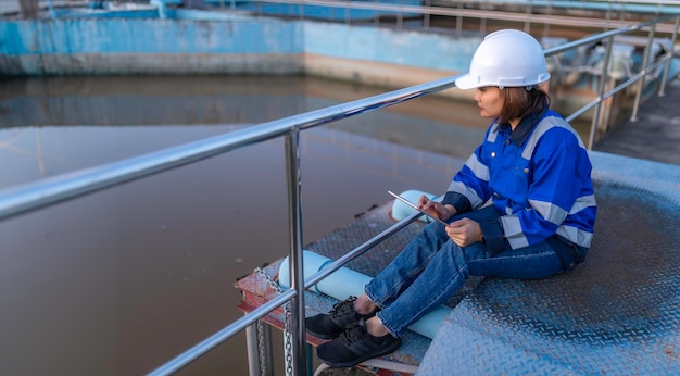 Foto ingegneri ambientali lavorano negli impianti di trattamento delle acque reflue ingegneri dell'approvvigionamento idrico lavorano in un impianto di riciclaggio dell'acqua per il riutilizzo controllare la quantità di cloro nell'acqua per essere entro i criteri