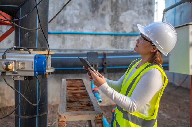 Environmental engineers work at wastewater treatment plantsWater supply engineering working at Water recycling plant for reuseCheck the amount of chlorine in the water to be within the criteria