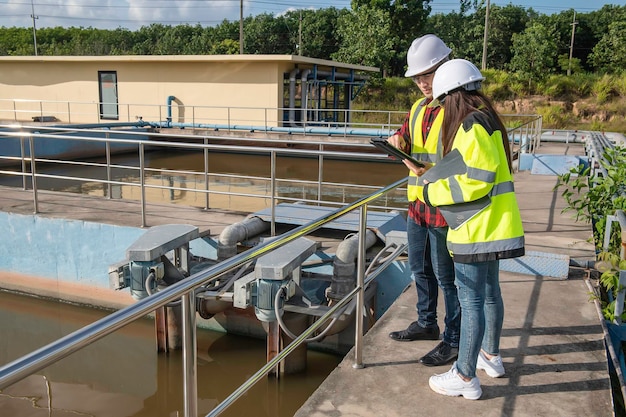 環境エンジニアが廃水処理プラントで働く水供給エンジニアリングが再利用のための水リサイクルプラントで働く技術者とエンジニアが一緒に仕事について話し合う