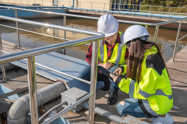 Environmental engineers work at wastewater treatment\
plantswater supply engineering working at water recycling plant for\
reusetechnicians and engineers discuss work together