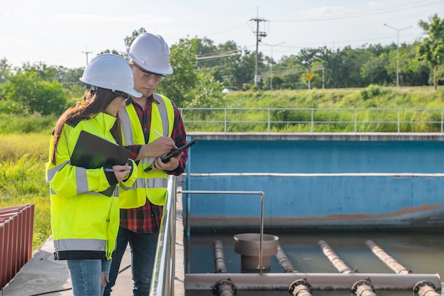 Environmental engineers work at wastewater treatment
plantswater supply engineering working at water recycling plant for
reusetechnicians and engineers discuss work together