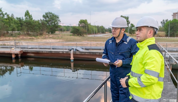 Photo environmental engineers work at wastewater treatment plantswater supply engineering working at water recycling plant for reusetechnicians and engineers discuss work together